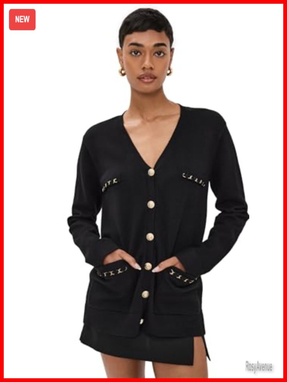 Oversized V-Neck Button Cardigan Ribbed Knit Patch Pockets